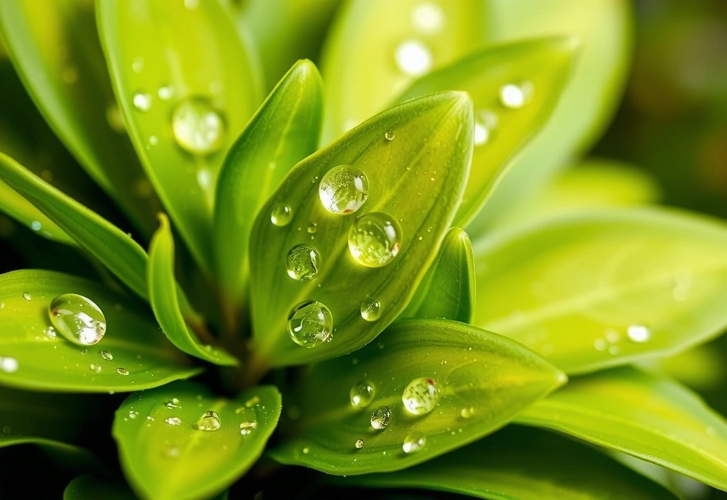 Primo piano di foglie verdi e gocce d'acqua, simboleggiante la freschezza e la purezza della cura della pelle naturale