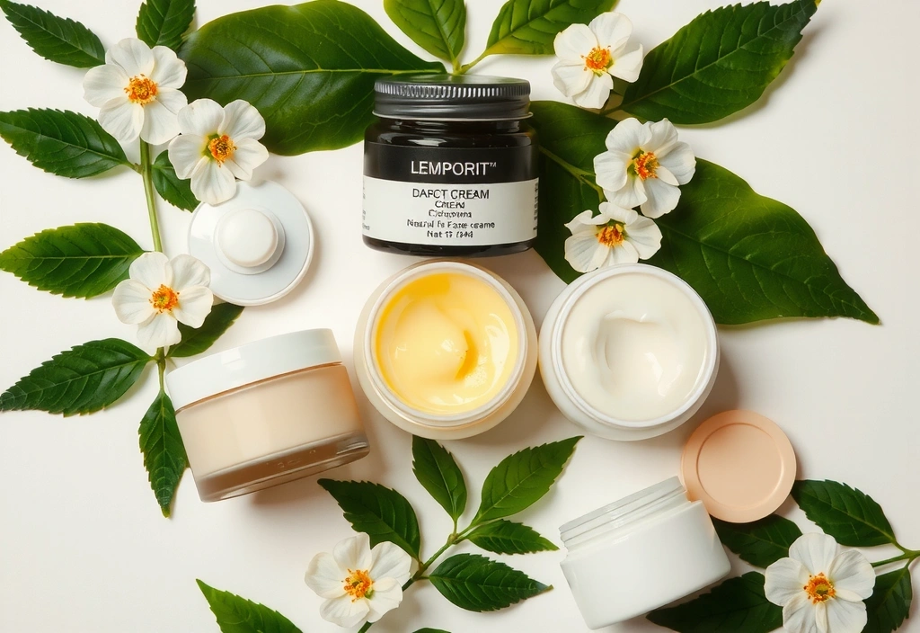 Varie creme naturali in barattoli eleganti con foglie verdi intorno