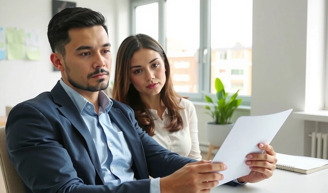 Uomo e donna che consultano documenti legali con tablet