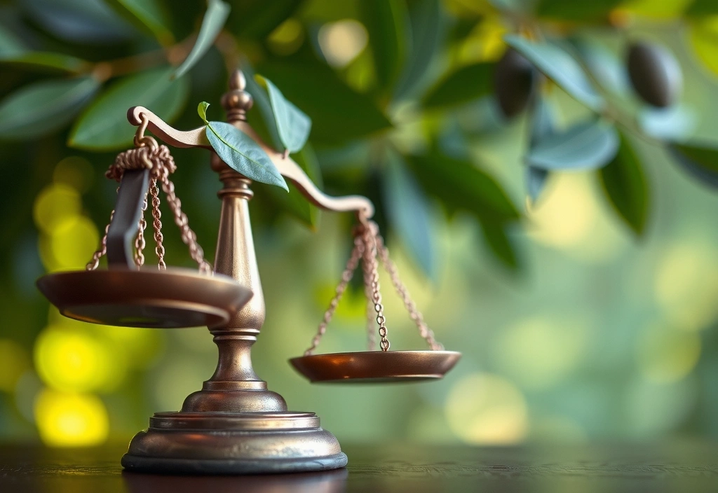 Bilancia della giustizia con un ramoscello d'ulivo, simbolo di risoluzione pacifica delle controversie e legge